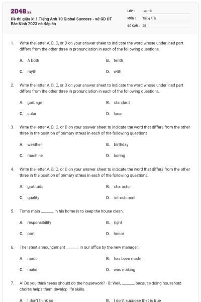Đề thi giữa kì 1 Tiếng Anh 10 Global Success - sở GD ĐT Bắc Ninh 2023 có đáp án