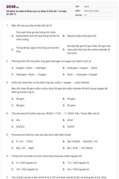 Đề kiểm tra định kì Khoa học tự nhiên 8 Chủ đề 1 có đáp án (Đề 1)