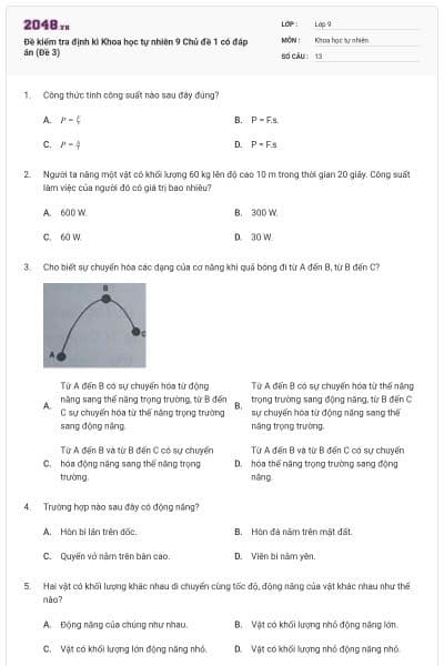 Đề kiểm tra định kì Khoa học tự nhiên 9 Chủ đề 1 có đáp án (Đề 3)