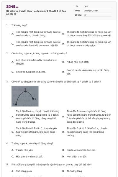 Đề kiểm tra định kì Khoa học tự nhiên 9 Chủ đề 1 có đáp án (Đề 7)