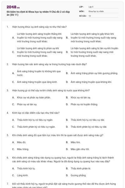 Đề kiểm tra định kì Khoa học tự nhiên 9 Chủ đề 2 có đáp án (Đề 11)