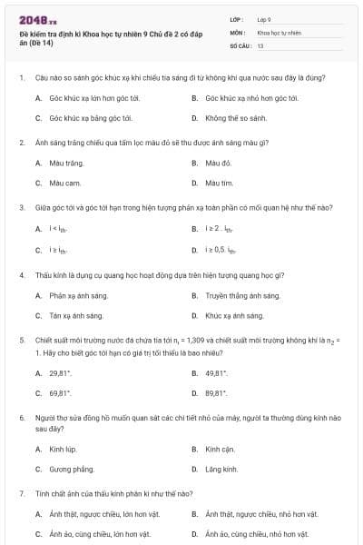 Đề kiểm tra định kì Khoa học tự nhiên 9 Chủ đề 2 có đáp án (Đề 14)