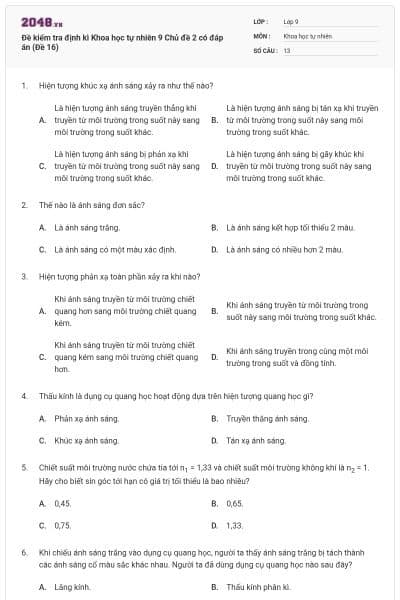 Đề kiểm tra định kì Khoa học tự nhiên 9 Chủ đề 2 có đáp án (Đề 16)