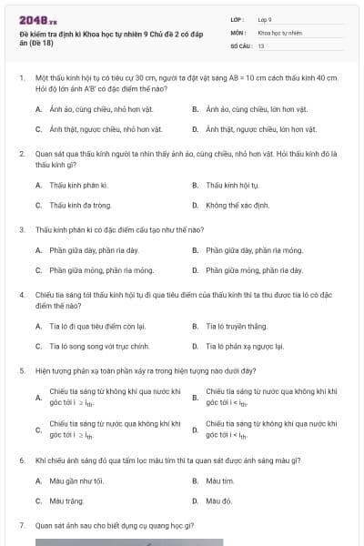 Đề kiểm tra định kì Khoa học tự nhiên 9 Chủ đề 2 có đáp án (Đề 18)