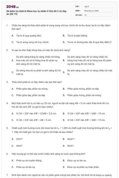 Đề kiểm tra định kì Khoa học tự nhiên 9 Chủ đề 2 có đáp án (Đề 19)