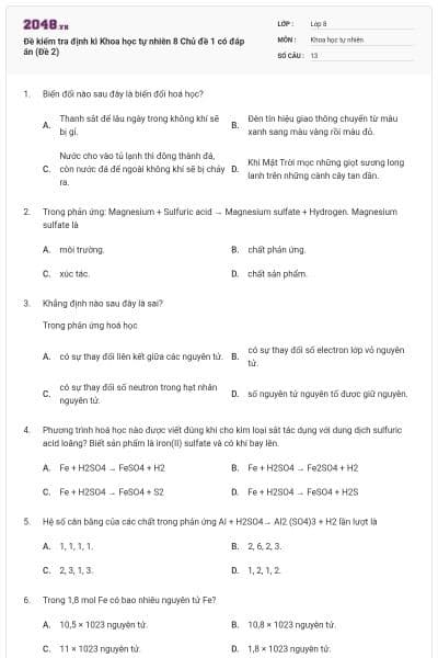 Đề kiểm tra định kì Khoa học tự nhiên 8 Chủ đề 1 có đáp án (Đề 2)