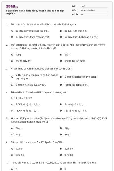 Đề kiểm tra định kì Khoa học tự nhiên 8 Chủ đề 1 có đáp án (Đề 3)