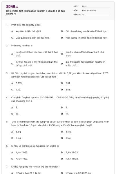 Đề kiểm tra định kì Khoa học tự nhiên 8 Chủ đề 1 có đáp án (Đề 7)
