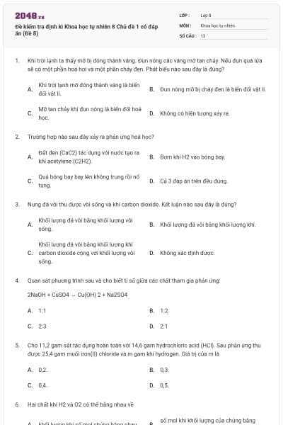 Đề kiểm tra định kì Khoa học tự nhiên 8 Chủ đề 1 có đáp án (Đề 8)