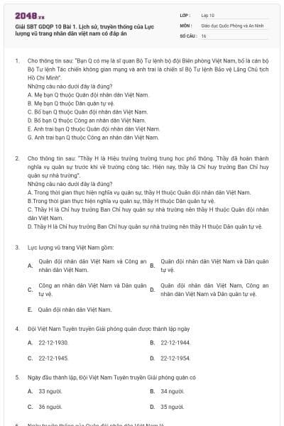 Giải SBT GDQP 10 Bài 1. Lịch sử, truyền thống của Lực lượng vũ trang nhân dân việt nam có đáp án