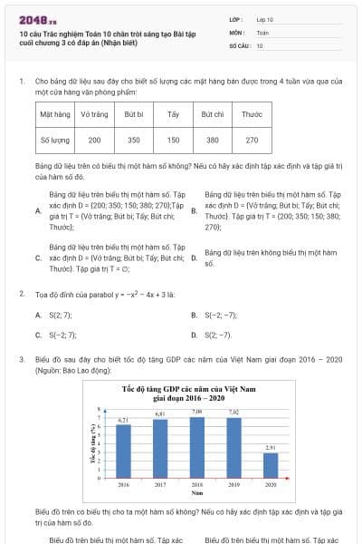 10 câu Trắc nghiệm Toán 10 chân trời sáng tạo Bài tập cuối chương 3 có đáp án (Nhận biết)