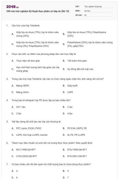 290 câu trắc nghiệm Kỹ thuật thực phẩm có 6áp án (Đề 13)