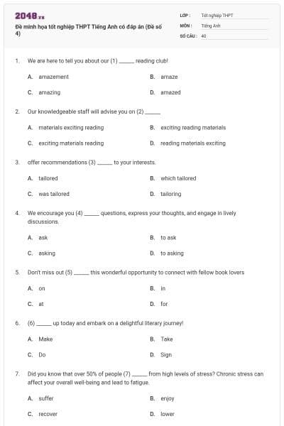 Đề minh họa tốt nghiệp THPT Tiếng Anh có đáp án (Đề số 4)