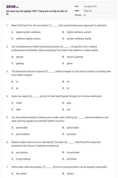 Đề minh họa tốt nghiệp THPT Tiếng Anh có đáp án (Đề số 8)