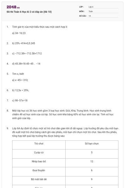 Đề thi Toán 6 Học kì 2 có đáp án (Đề 10)