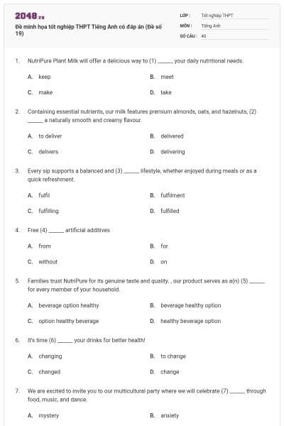 Đề minh họa tốt nghiệp THPT Tiếng Anh có đáp án (Đề số 19)