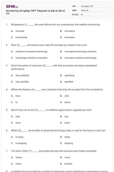 Đề minh họa tốt nghiệp THPT Tiếng Anh có đáp án (Đề số 21)