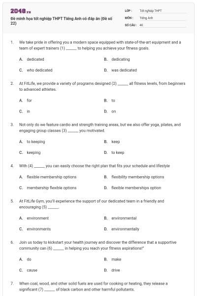 Đề minh họa tốt nghiệp THPT Tiếng Anh có đáp án (Đề số 22)