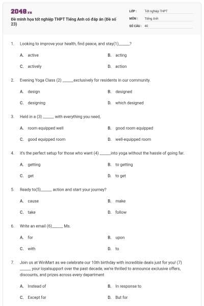 Đề minh họa tốt nghiệp THPT Tiếng Anh có đáp án (Đề số 23)