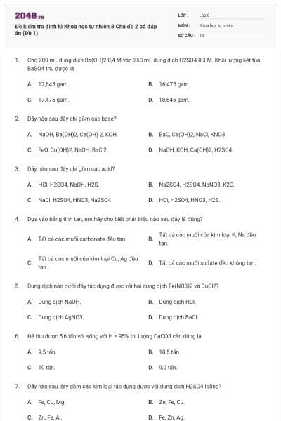 Đề kiểm tra định kì Khoa học tự nhiên 8 Chủ đề 2 có đáp án (Đề 1)