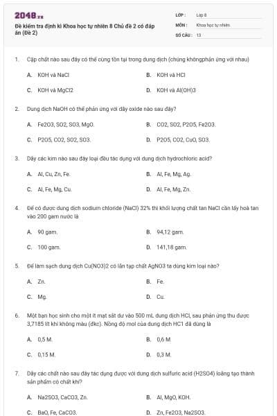 Đề kiểm tra định kì Khoa học tự nhiên 8 Chủ đề 2 có đáp án (Đề 2)