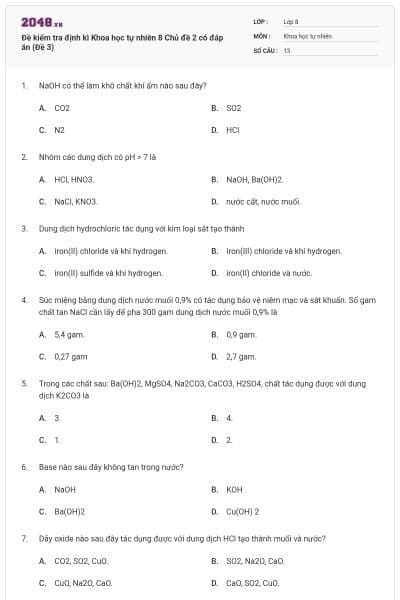 Đề kiểm tra định kì Khoa học tự nhiên 8 Chủ đề 2 có đáp án (Đề 3)