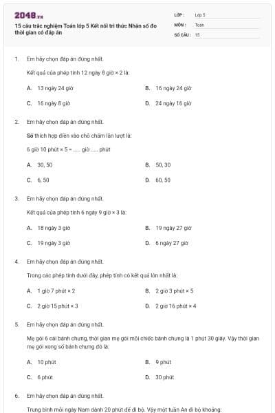 15 câu trắc nghiệm Toán lớp 5 Kết nối tri thức Nhân số đo thời gian có đáp án