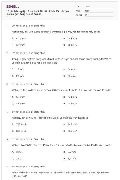 15 câu trắc nghiệm Toán lớp 5 Kết nối tri thức Vận tốc của một chuyển động đều có đáp án