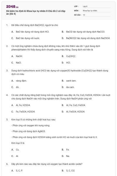 Đề kiểm tra định kì Khoa học tự nhiên 8 Chủ đề 2 có đáp án (Đề 4)