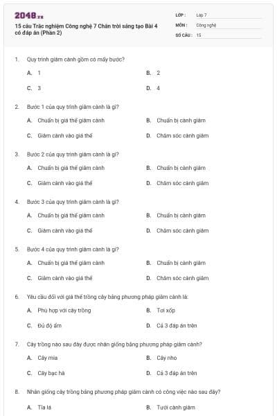 15 câu Trắc nghiệm Công nghệ 7 Chân trời sáng tạo Bài 4 có đáp án (Phần 2)