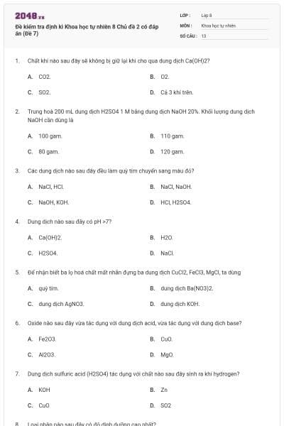 Đề kiểm tra định kì Khoa học tự nhiên 8 Chủ đề 2 có đáp án (Đề 7)
