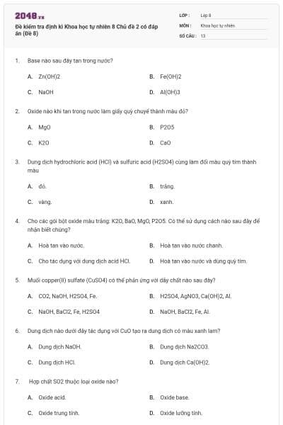 Đề kiểm tra định kì Khoa học tự nhiên 8 Chủ đề 2 có đáp án (Đề 8)