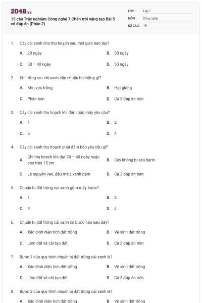 15 câu Trắc nghiệm Công nghệ 7 Chân trời sáng tạo Bài 5 có đáp án (Phần 2)