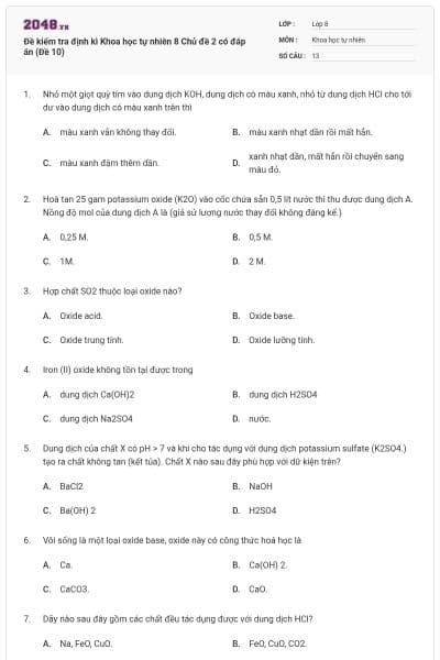 Đề kiểm tra định kì Khoa học tự nhiên 8 Chủ đề 2 có đáp án (Đề 10)