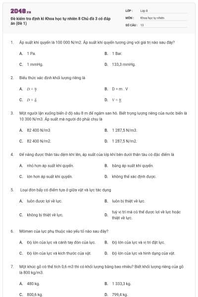 Đề kiểm tra định kì Khoa học tự nhiên 8 Chủ đề 3 có đáp án (Đề 1)