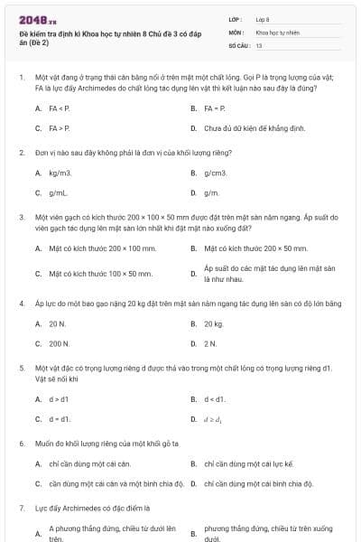 Đề kiểm tra định kì Khoa học tự nhiên 8 Chủ đề 3 có đáp án (Đề 2)