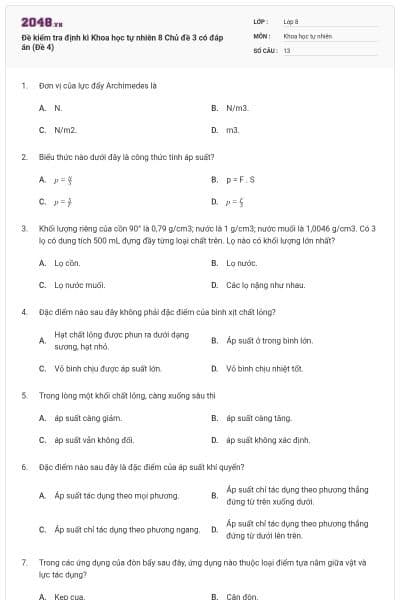 Đề kiểm tra định kì Khoa học tự nhiên 8 Chủ đề 3 có đáp án (Đề 4)