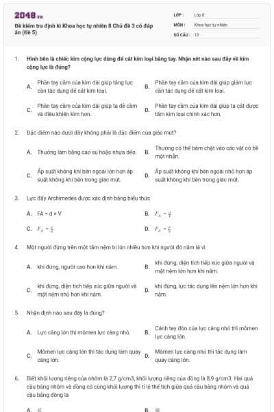 Đề kiểm tra định kì Khoa học tự nhiên 8 Chủ đề 3 có đáp án (Đề 5)