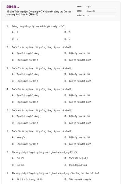 15 câu Trắc nghiệm Công nghệ 7 Chân trời sáng tạo Ôn tập chương 3 có đáp án (Phần 2)