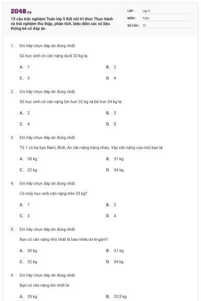 15 câu trắc nghiệm Toán lớp 5 Kết nối tri thức Thực hành và trải nghiệm thu thập, phân tích, biểu diễn các số liệu thống kê có đáp án