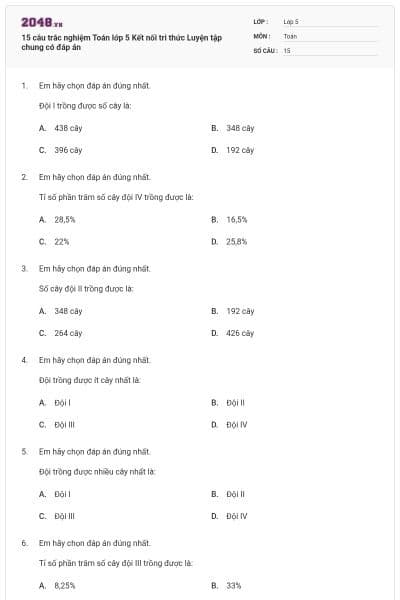 15 câu trắc nghiệm Toán lớp 5 Kết nối tri thức Luyện tập chung có đáp án