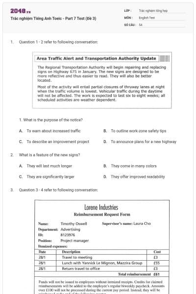 Trắc nghiệm Tiếng Anh Toeic - Part 7 Test (Đề 3)