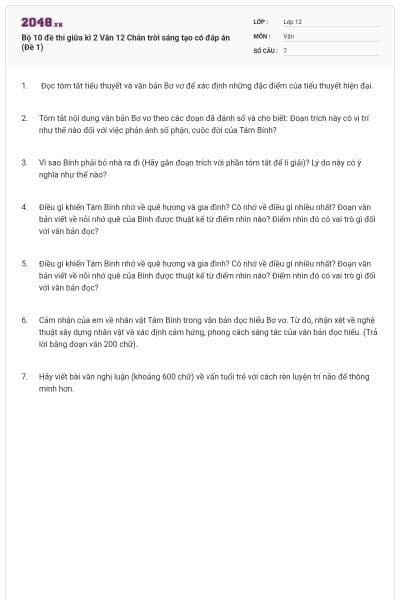 Bộ 10 đề thi giữa kì 2 Văn 12 Chân trời sáng tạo có đáp án (Đề 1)