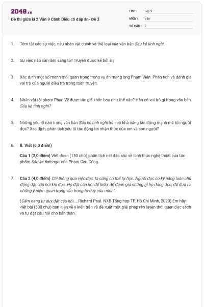 Đề thi giữa kì 2 Văn 9 Cánh Diều có đáp án- Đề 3