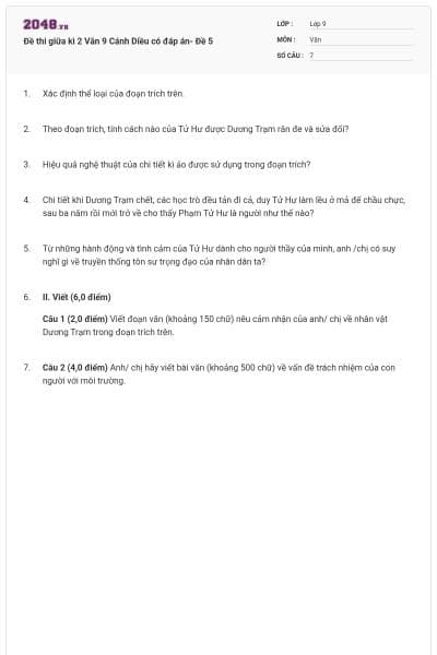 Đề thi giữa kì 2 Văn 9 Cánh Diều có đáp án- Đề 5