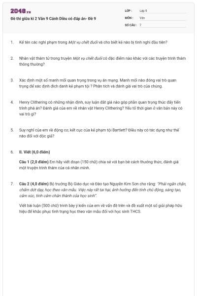 Đề thi giữa kì 2 Văn 9 Cánh Diều có đáp án- Đề 9