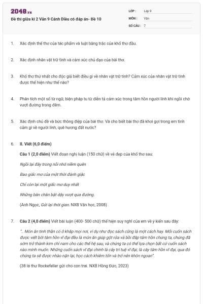 Đề thi giữa kì 2 Văn 9 Cánh Diều có đáp án- Đề 10