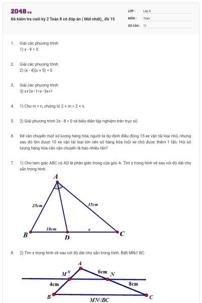 Đề kiểm tra cuối kỳ 2 Toán 8 có đáp án ( Mới nhất)_ đề 15