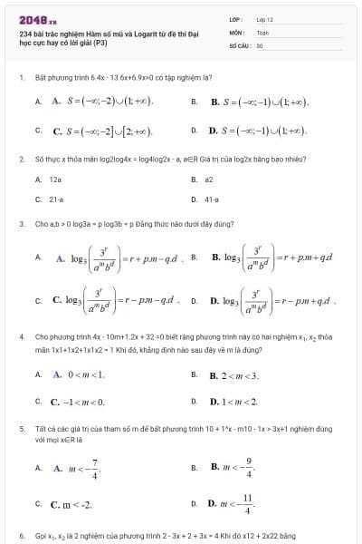 234 bài trắc nghiệm Hàm số mũ và Logarit từ đề thi Đại học cực hay có lời giải (P3)