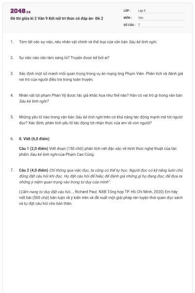 Đề thi giữa kì 2 Văn 9 Kết nối tri thức có đáp án- Đề 2